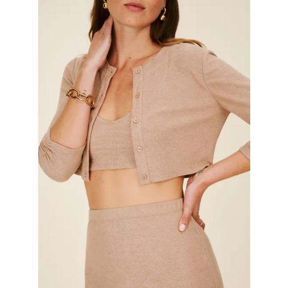 REFORMATION Janice Set Knit Cardigan and Midi Skirt Set in Buff NWT - Picture 2 of 12